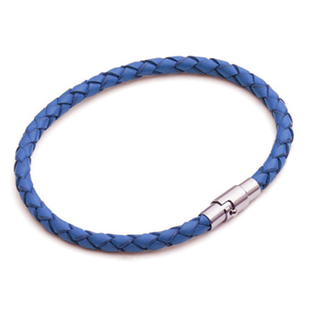 men's blue plaited thin leather bracelet Tribal Steel