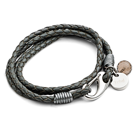 Tribal Steel grey leather charm bracelet