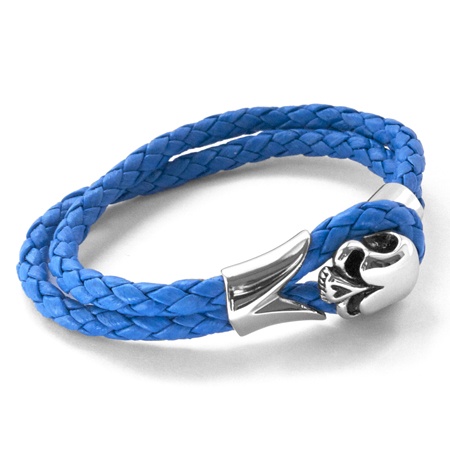 Tribal Steel blue skull leather bracelet