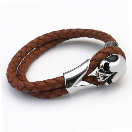 Tribal Steel brown skull leather bracelet
