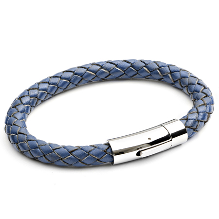 Mens blue leather bracelet Tribal Steel