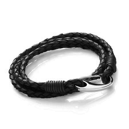 Tribal Steel black leather bracelet for men